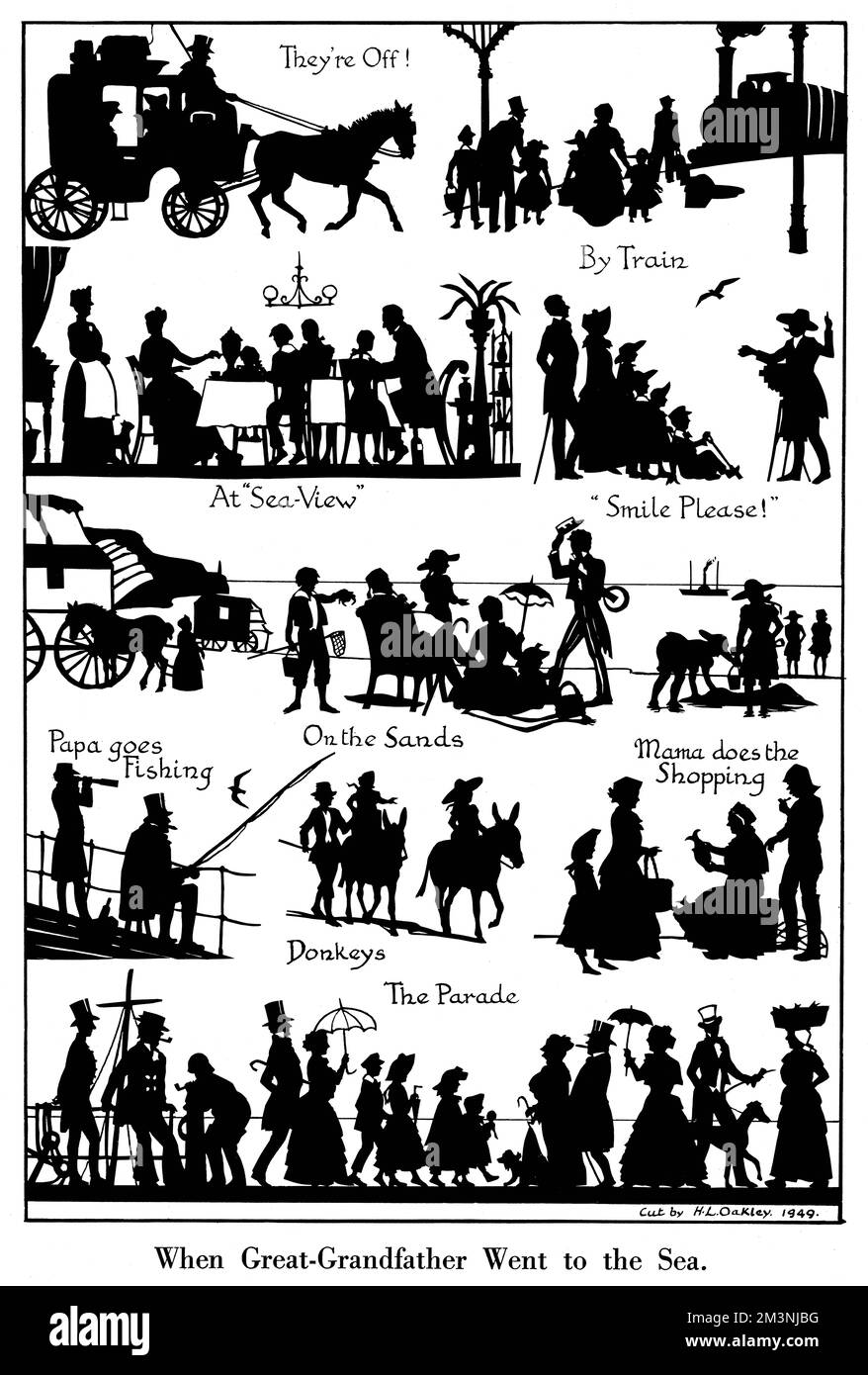Una serie di incantevoli silhouette ritagliate da H. L. Oakley raffiguranti scene al mare durante l'era vittoriana dal viaggio in carrozza e treno per le gite in asino e passeggiate lungo il molo. Data: 1949 Foto Stock