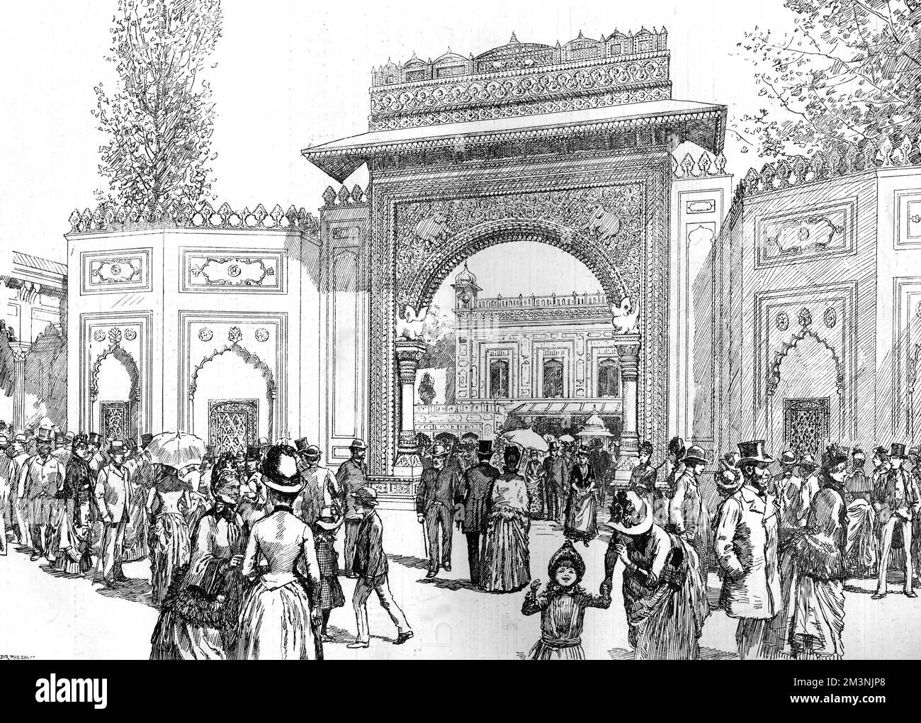 La porta Gwalior, entrata al cortile del Palazzo Indiano, durante l'esposizione coloniale e indiana, che si tiene a South Kensington, Londra durante l'anno del giubileo d'oro della Regina Vittoria. Data: 1886 Foto Stock