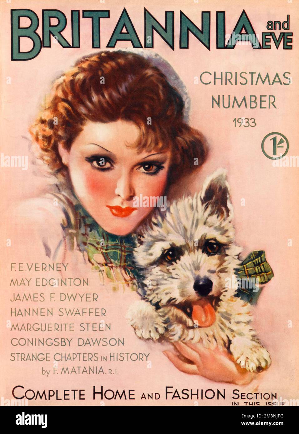Illustrazione della copertina anteriore con una donna glamour 1930s che tiene un cane westie con nastro verde di tartan intorno al collo. Data: 1933 Foto Stock