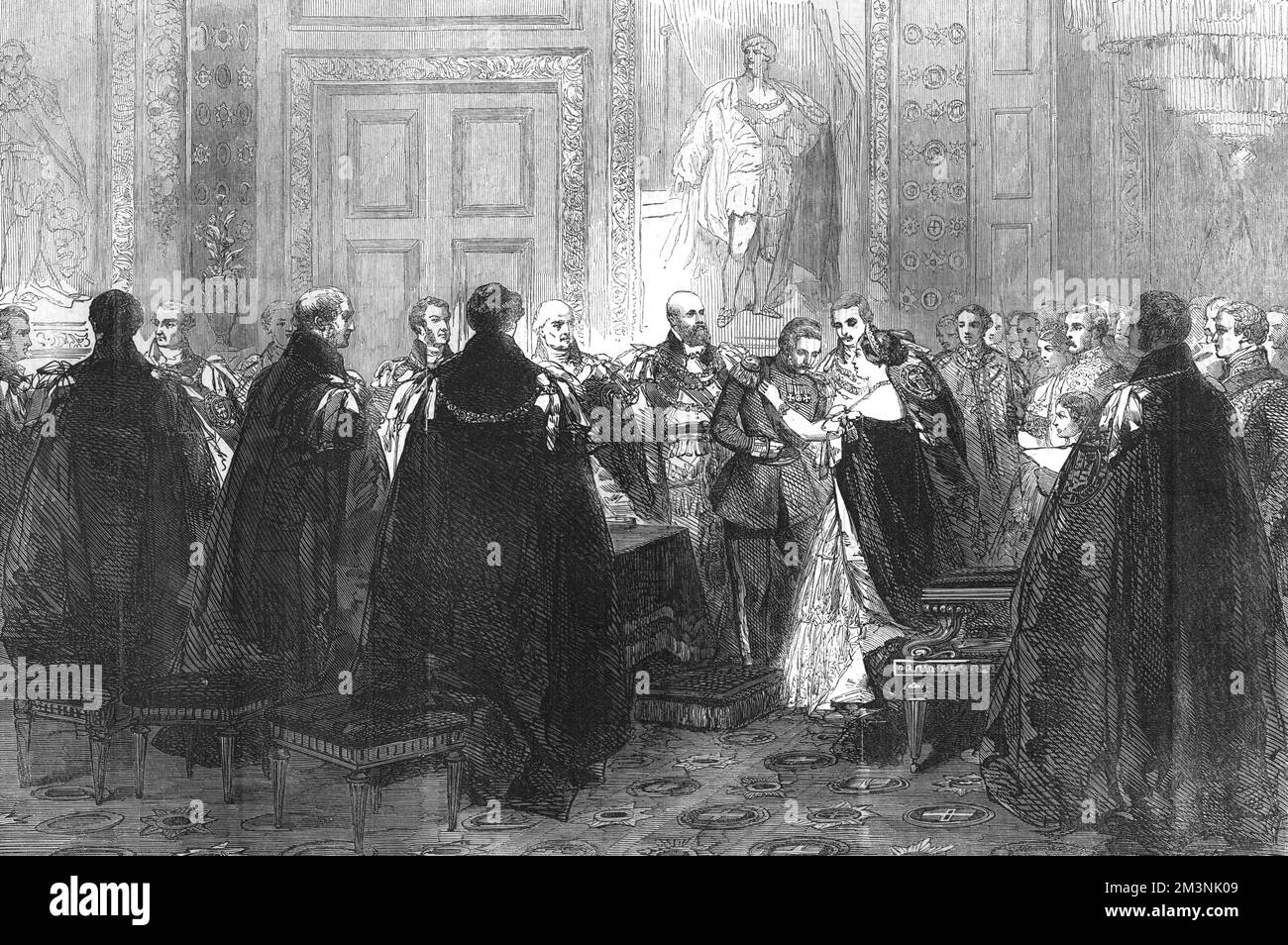 Investitura di sua altezza reale Federico Guglielmo di Prussia (1831 - 1888), (mostrato qui in uniforme prussiana) con l'Ordine del Garter, a seguito del suo matrimonio con Victoria (Vicky) la Principessa reale, figlia maggiore della Regina Vittoria. 1858 Foto Stock