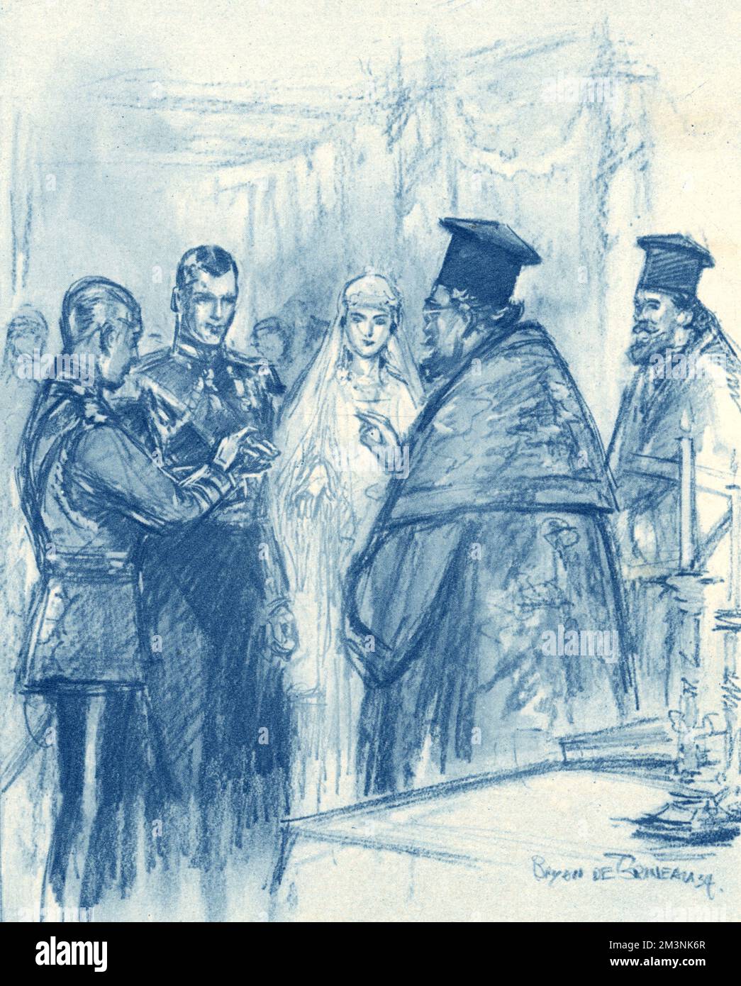 La cerimonia greco-ortodossa si è svolta così come il matrimonio nell'Abbazia di Westminster tra il Principe Giorgio, Duca di Kent e la Principessa Marina di Grecia. Il Grande Archimandrite benedice gli anelli e, dopo aver fatto il segno della croce, li pone sulle dita delle mani destre delle coppie, per cui il migliore scambia gli anelli tre volte. Data: 1934 Foto Stock