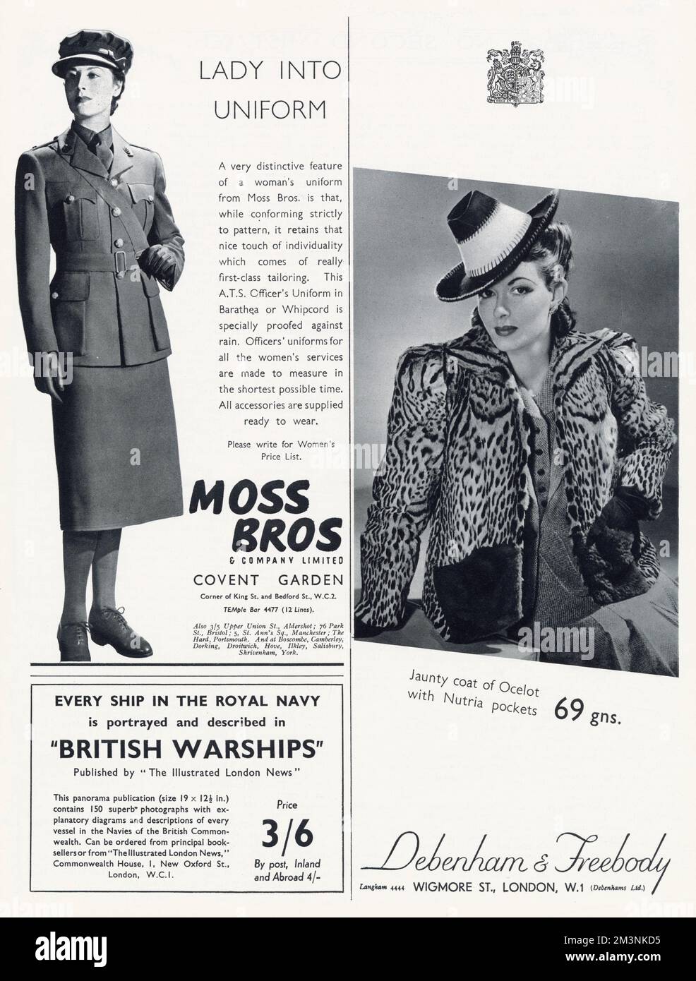 Pubblicità per abbigliamento militare e civile femminile durante la seconda guerra mondiale Foto Stock