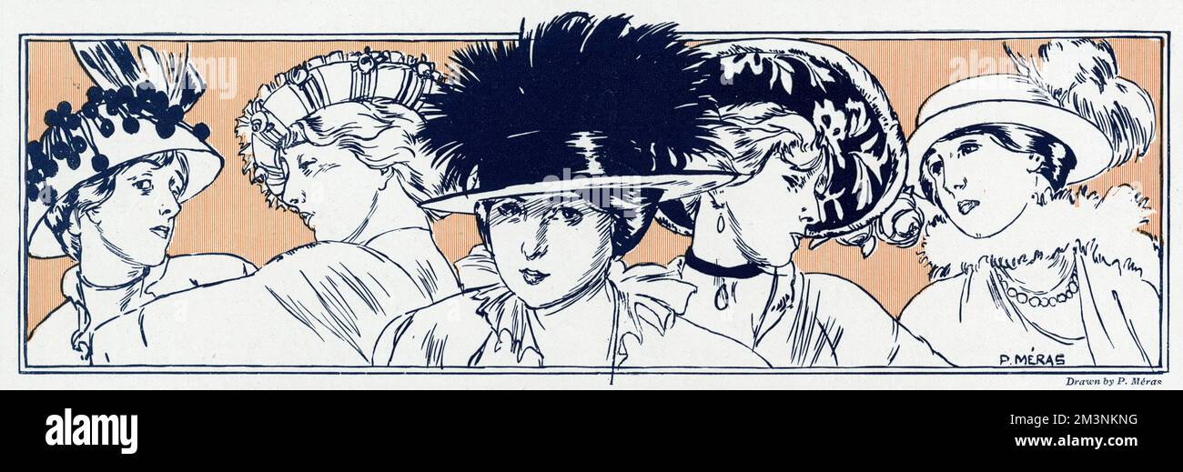Donne alla moda con piume di piume nei loro cappelli. 1913 Foto Stock
