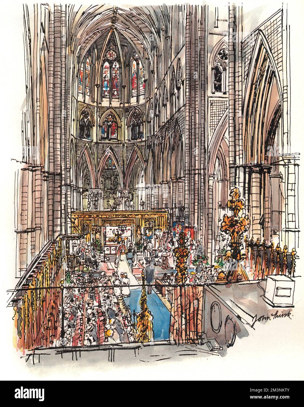 L'impressione dell'artista dell'interno dell'Abbazia di Westminster, luogo preferito per i matrimoni dei reali britannici. Data: 1986 Foto Stock
