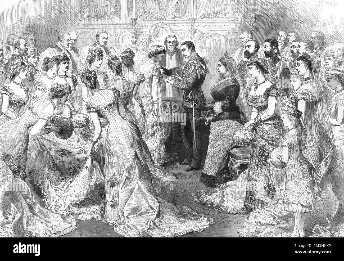Scena al servizio di nozze della principessa Helena di Waldeck e Pyrmont e del principe Leopold, duca di Albany il 27 aprile 1882 nella cappella di San Giorgio, Windsor. Purtroppo Leopold morì a causa dell'emofilia nel marzo 1884, a seguito di una caduta. Data: 27 aprile 1882 Foto Stock