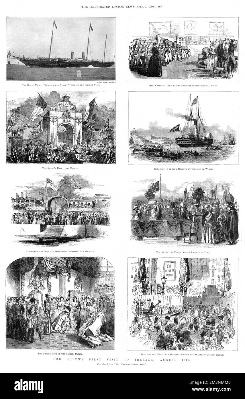 Varie scene della visita reale in Irlanda da parte della regina Vittoria e della famiglia nel mese di agosto 1849. A destra: La visita alla National Infant School di Dublino; l'imbarco della sua maestria all'Isola di Wight; la Regina e il Principe Alberto che atterrano a Cork; gli allievi delle scuole navali e militari alla colonna di Nelson. A sinistra: Royal Yacht; ingresso della Regina a Dublino; la corporazione di Cork e la deputazione in attesa della Regina; la sala del trono al castello, Dublino. Foto Stock