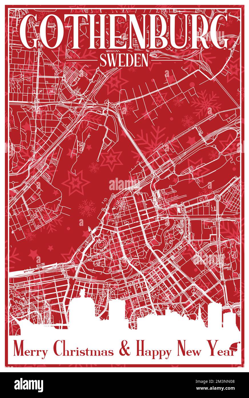 Cartolina di Natale rossa vintage disegnata a mano del centro DI GOTHENBURG, SVEZIA con lo skyline della città e la scritta Illustrazione Vettoriale