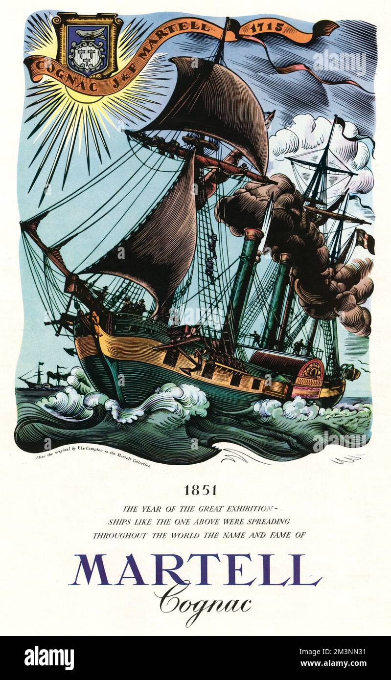 Pubblicità per Martell Cognac, con una nave in mare, alimentata a vela e a vapore, del tipo utilizzato per esportare il prodotto nel 1851, anno della Grande Fiera. Questa pubblicità è apparsa al tempo del Festival della Gran Bretagna, 100 anni più tardi. Data: 1951 Foto Stock