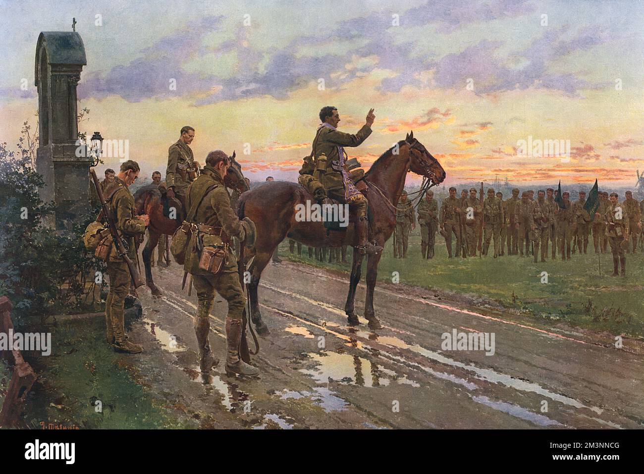 'L'ultima rifazione generale dei mungster in Rue du Bois' - dipinto di Fortunino Matania. Questo dipinto si riferisce ad un incidente in Francia nel maggio del 1915, quando il battaglione del 2nd dei Royal Munster Fusiliers soffrì pesantemente a Rue du Bois, nel Pas de Calais vicino ad Arras. L'azione è stata solo uno dei tanti attacchi locali che si sono conclusi in modo disastroso a causa della mancanza di sostegno. Il colonnello Victor Rickard, recentemente nominato al comando, è stato ucciso nell'attacco, così come il suo Adjutant, Capitano Filgate. Entrambi sono rappresentati nel quadro, accanto a Padre Gleeson, che si mostra dando l'Absolution o Foto Stock