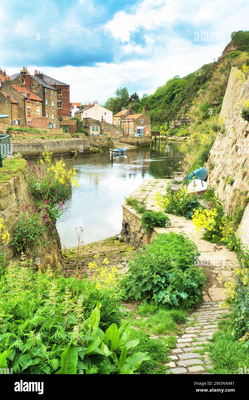 Guardando verso ovest su Staithes Beck (fiume) presso il pittoresco villaggio di pescatori sul mare di Staithes. North Yorkshire; Inghilterra; Regno Unito Foto Stock