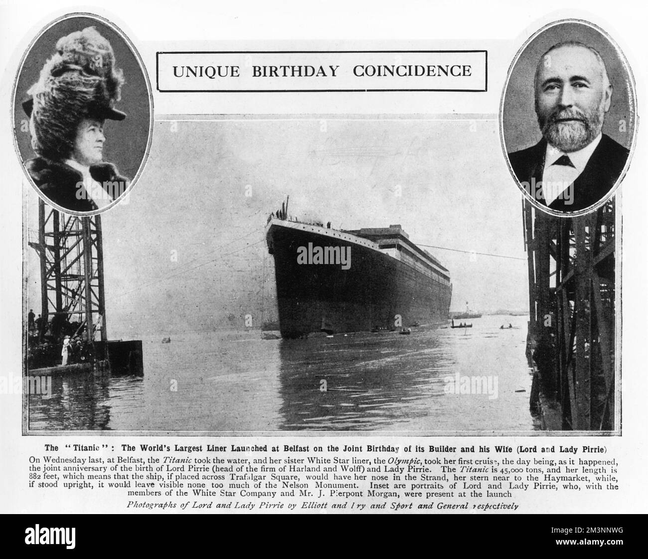 Il lancio di RMS Titanic, a Belfast il compleanno congiunto del suo costruttore e sua moglie, Lord e Lady Pirrie, i cui ritratti sono inset. Lord Pirrie, capo dei costruttori di navi Harland &amp; Wolff, e Lady Pirrie (nee Margaret Carlisle) erano presenti al lancio insieme al sig. J Pierpont Morgan, finanziere americano, la cui società ha finanziato la White Star Line, proprietari del Titanic. Data: 31st maggio 1911 Foto Stock