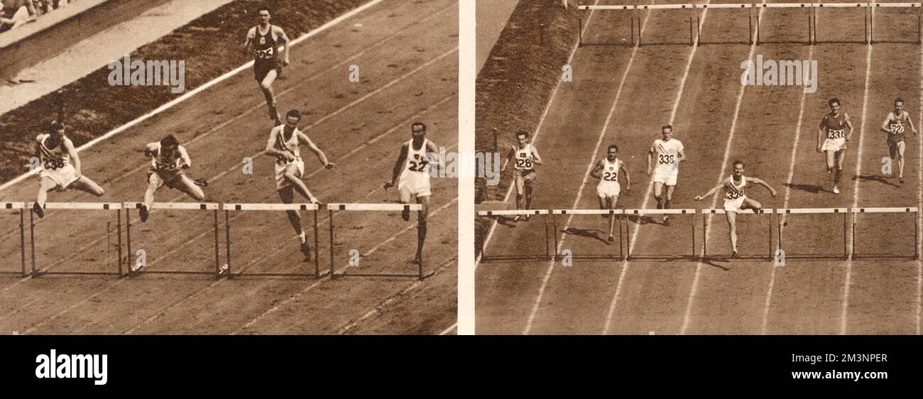 La fotografia a sinistra mostra la semifinale del 400 metri di scagliata. Secondo dal concorrente di sinistra, Larsson della Svezia (n.128) sta per anticipare e conquistare la vittoria. La fotografia a destra è la finale dello stesso evento. Cochran, no 339 in una delle corsie centrali prese oro, e stabilì un nuovo record olimpico di 51,1 secondi. Data: 1948 Foto Stock La fotografia a sinistra mostra la semifinale del 400 metri di scagliata. Secondo dal concorrente di sinistra, Larsson della Svezia (n.128) sta per anticipare e conquistare la vittoria. La fotografia a destra è la finale dello stesso evento. Cochran, no 339 in una delle corsie centrali prese oro, e stabilì un nuovo record olimpico di 51,1 secondi. Data: 1948 Foto Stock