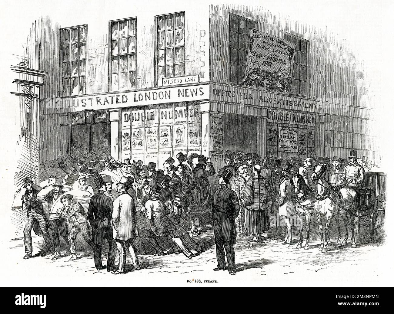 The Illustrated London News, una rivista settimanale di notizie, è stato pubblicato da 198 Strand all'angolo con Milford Lane e come il documento ampliato ha acquisito Milford House e altri edifici nella corsia. Data: 1851 Foto Stock