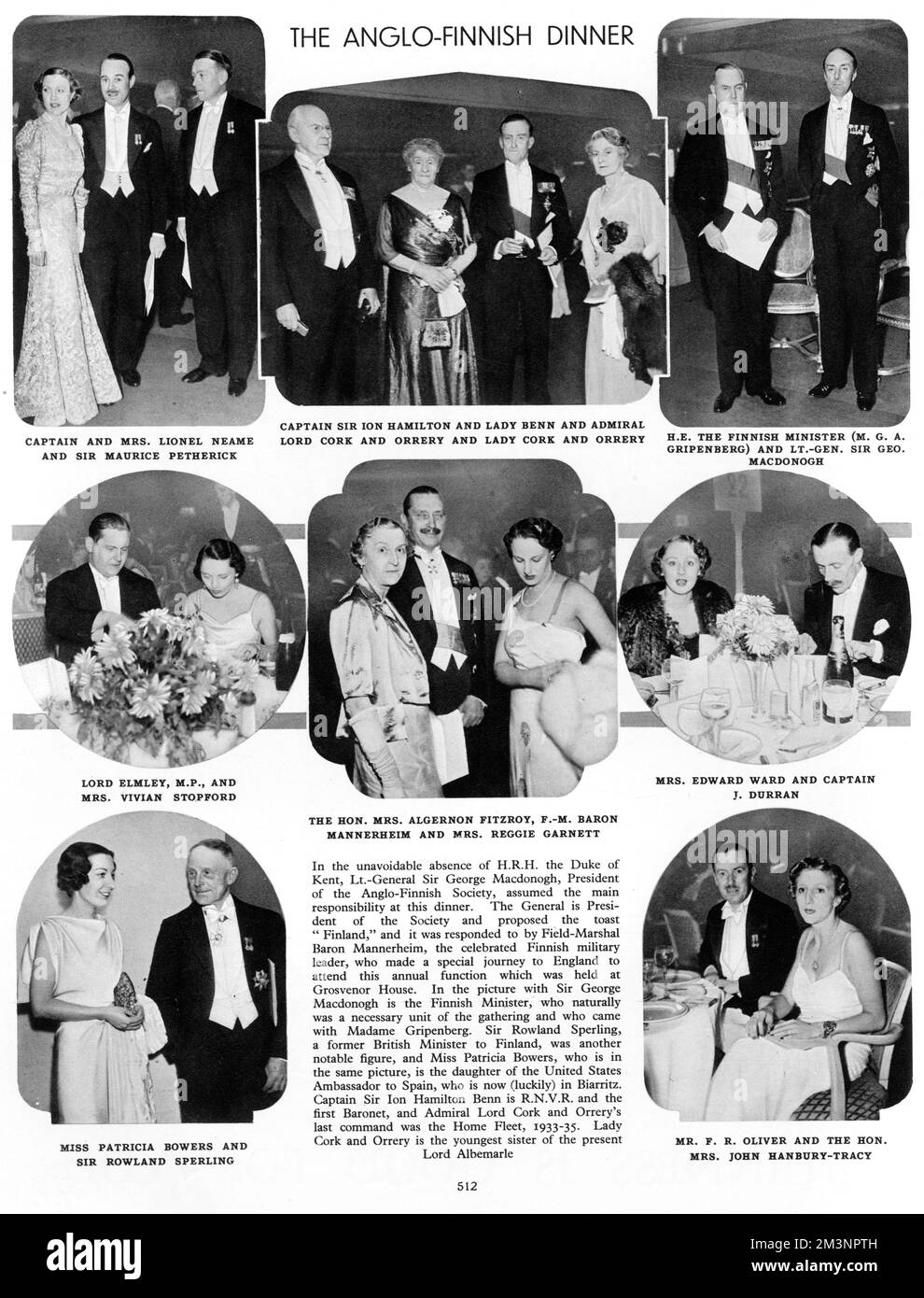 La cena annuale della Società Anglo-Finlandese si tiene presso la Grosvenor House di Londra. Il LT-General Sir George Macdonogh, presidente della Società, propose un brindisi alla Finlandia, e fu risposto dal Field-Marshal Baron Mannerheim, il celebre leader militare finlandese. Erano presenti anche M G A Gripenberg, il Ministro finlandese; Sir Rowland Sperling, ex Ministro britannico in Finlandia; e Miss Patricia Bowers, figlia dell'Ambasciatore degli Stati Uniti in Spagna. Data: 1936 Foto Stock