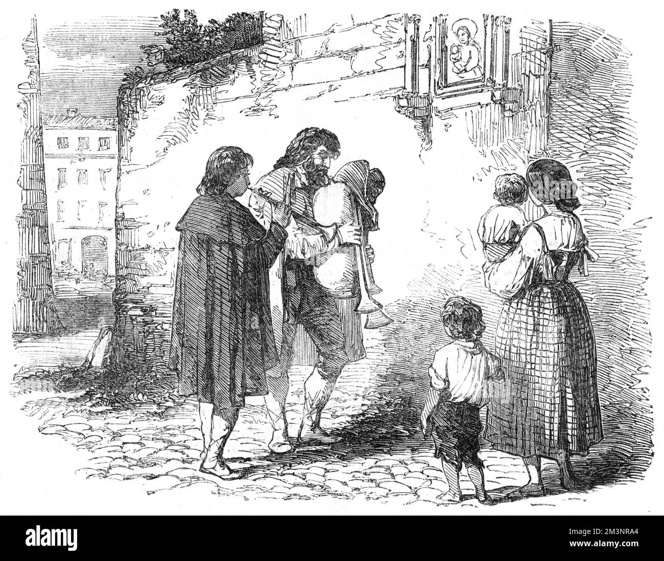 I piffarari romani si esibiscono con un lustro lungo la strada, 1850. Data: 1850 Foto Stock