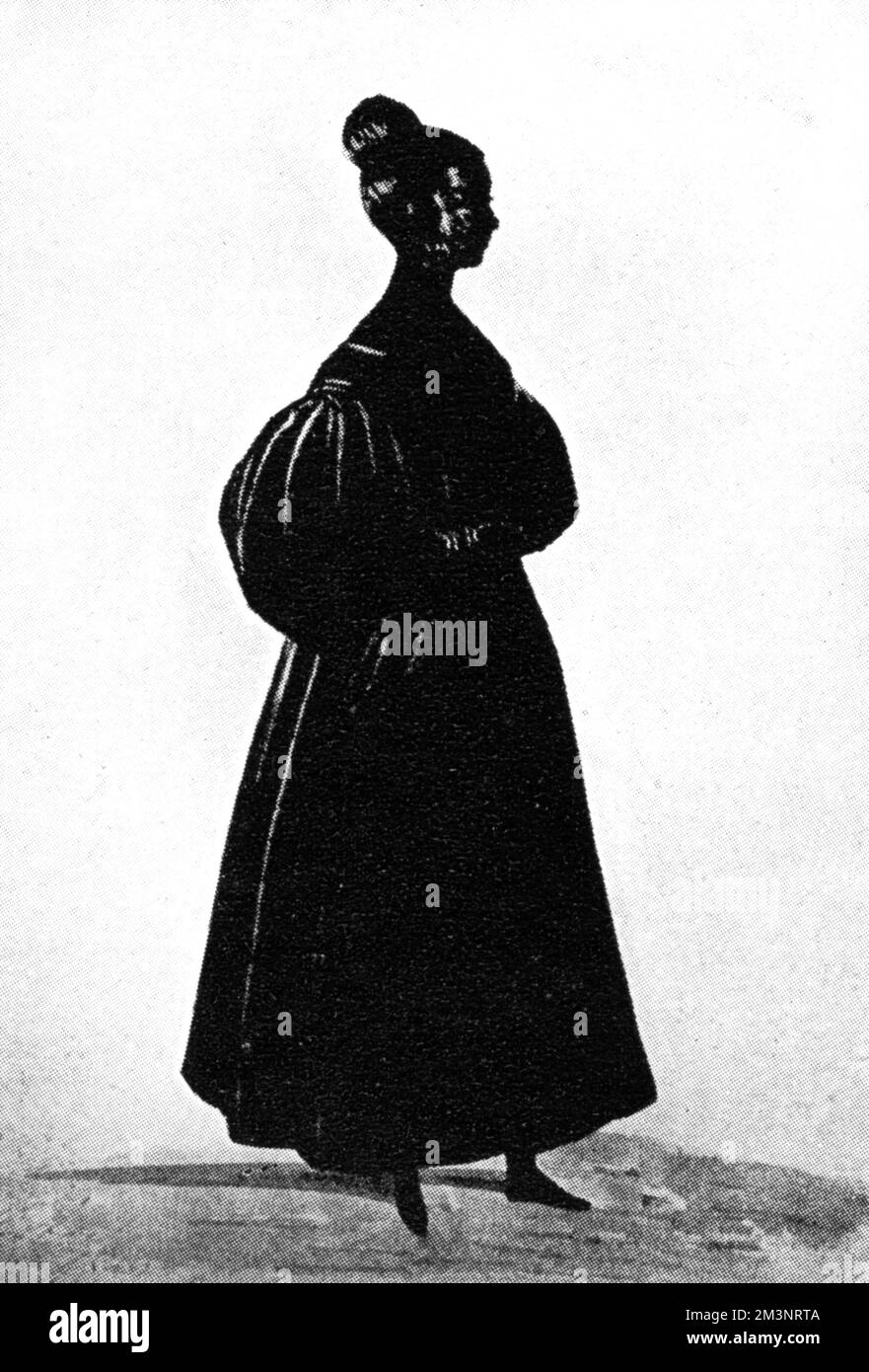 Una silhouette di una giovane regina Vittoria tagliata in carta matita d'oro, fatta negli anni '1830s dal look del suo costume. Data: 1911 Foto Stock