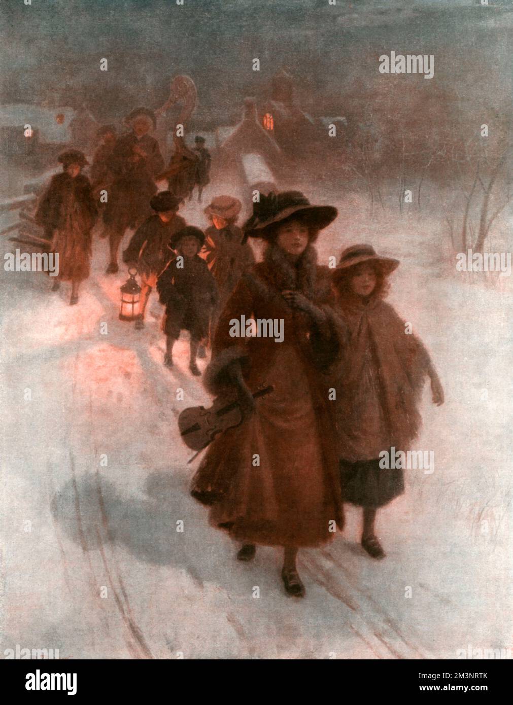 Un gruppo di cantanti e musicisti (o attende) camminando attraverso la neve per intrattenere i loro compagni uomini a Natale. Data: 1911 Foto Stock
