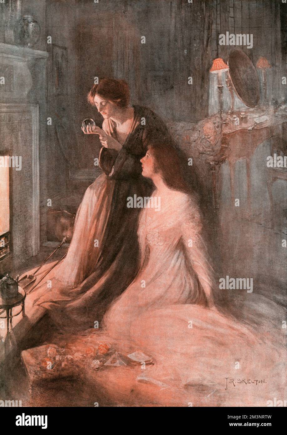 Due ragazze si siedono davanti a un fuoco e guardano una palla di cristallo, domandandosi che cosa il futuro tiene. Data: 1911 Foto Stock