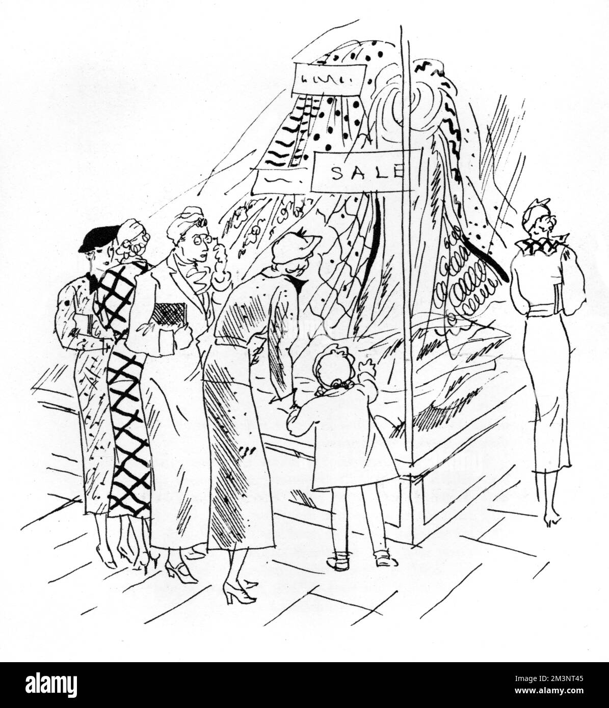 Un gruppo di Signore ispeziona il contenuto di una vetrina durante le vendite di gennaio. Data: 1935 Foto Stock
