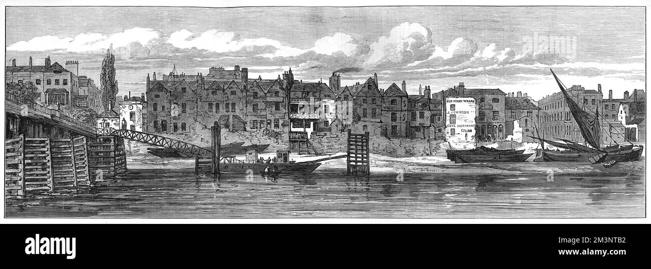Una vista attraverso il Tamigi sulla riva del fiume del vecchio Chelsea, dove un nuovo argine era in costruzione alla fine del 19th ° secolo. Questa vista, prima dell'inizio dei lavori di costruzione, mostra la parte della costa e della città dal molo del Ponte di Battersea a Danvers Street. Data: 1872 Foto Stock