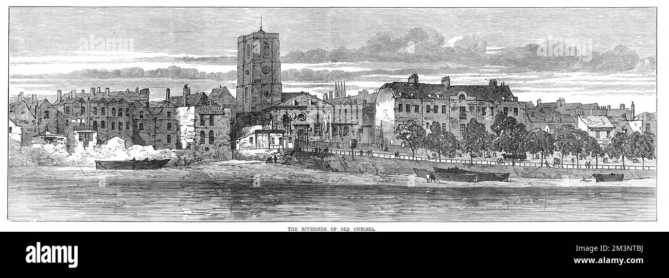 Una vista attraverso il Tamigi sulla riva del fiume del vecchio Chelsea, dove un nuovo argine era in costruzione alla fine del 19th ° secolo. Questa vista, prima che iniziassero i lavori di costruzione, mostra la parte della riva e della città dall'angolo di Church Street alla sezione occidentale di Cheyne Walk. Data: 1872 Foto Stock