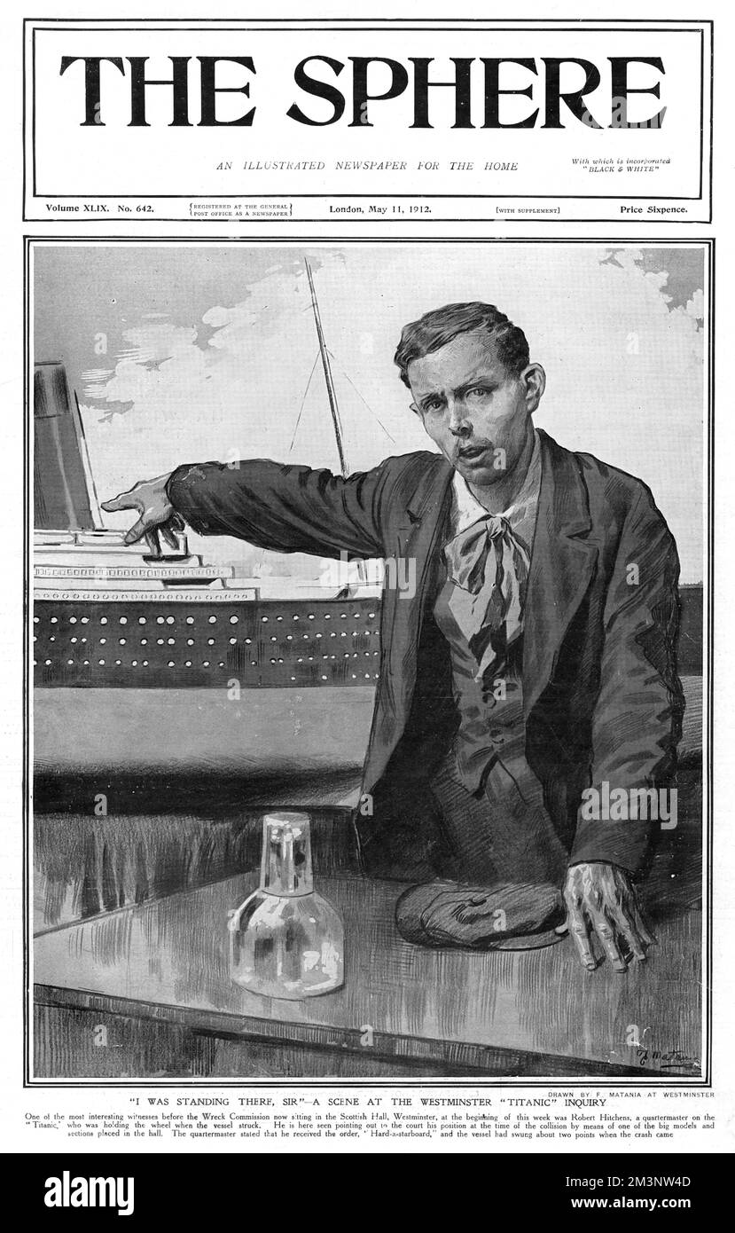 Copertina della rivista Sphere che mostra una scena dell'indagine del Westminster Titanic, svoltasi poco dopo l'affondamento della nave il 15th 1912 aprile. L'illustrazione mostra Robert Hitchens, un quartier generale sul Titanic, che stava tenendo la ruota quando la nave è stata colpita da un iceberg. Visto segnalare al tribunale la sua posizione al momento della collisione per mezzo di uno dei grandi modelli e sezioni poste nel salone. Il quartier generale ha dichiarato di aver ricevuto l'ordine, 'Hard-a-Starboard' e la nave aveva oscillato di circa due punti quando è venuto l'incidente. Data: 1912 Foto Stock Copertina della rivista Sphere che mostra una scena dell'indagine del Westminster Titanic, svoltasi poco dopo l'affondamento della nave il 15th 1912 aprile. L'illustrazione mostra Robert Hitchens, un quartier generale sul Titanic, che stava tenendo la ruota quando la nave è stata colpita da un iceberg. Visto segnalare al tribunale la sua posizione al momento della collisione per mezzo di uno dei grandi modelli e sezioni poste nel salone. Il quartier generale ha dichiarato di aver ricevuto l'ordine, 'Hard-a-Starboard' e la nave aveva oscillato di circa due punti quando è venuto l'incidente. Data: 1912 Foto Stock