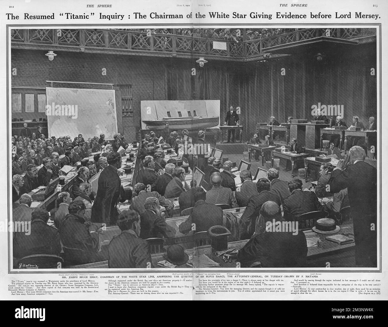 Il presidente della White Star Line, Joseph Bruce Ismay, che ha dato prova dinanzi a Lord Mersey all'inchiesta sul disastro del Titanic. Una mappa e un modello a mezza sezione della nave su una base oscillante possono essere visti sullo stesso lato della stanza in cui Ismad si trova nella scatola del testimone. Data: 1912 Foto Stock