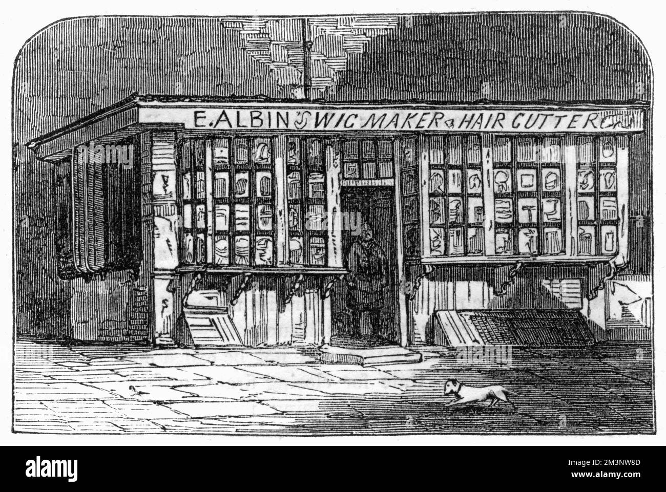 E Albin's Wigmaker and Hair Cutters Shop, vendita di parrucche ai membri della Legal Profession, con sede nelle vicinanze del Middle Temple, Londra. Data: 1857 Foto Stock