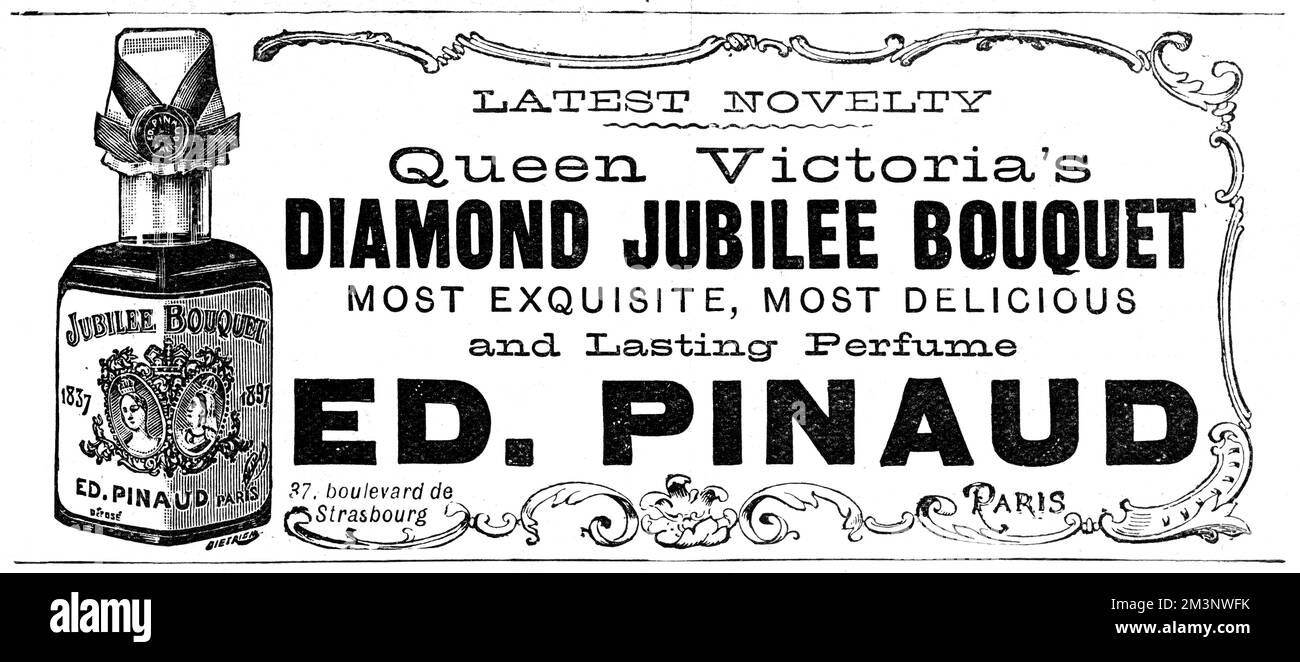 Un annuncio nel Notiziario illustrato di Londra per l'ultima novità, Queen Victoria's Diamond Jubilee Bouquet, descritto come il 'profumo più squisito, più delizioso e duraturo', prodotto da Edouard Pinaud, parfumatore ufficiale della Regina Data: 22 maggio 1897 Foto Stock