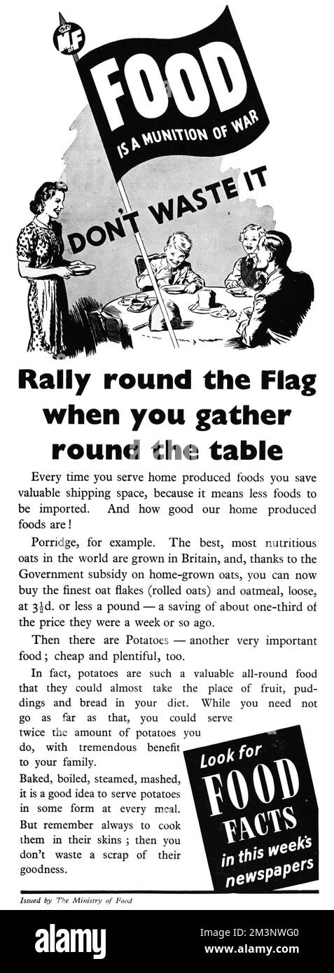 "Non sprecarlo" 1941. "Rally intorno alla bandiera quando si riunisce intorno al tavolo" ogni volta che si servono alimenti prodotti in casa si risparmia prezioso spazio di spedizione, perché significa meno alimenti da importare. E quanto sono buoni i nostri alimenti prodotti in casa! 1941 Foto Stock