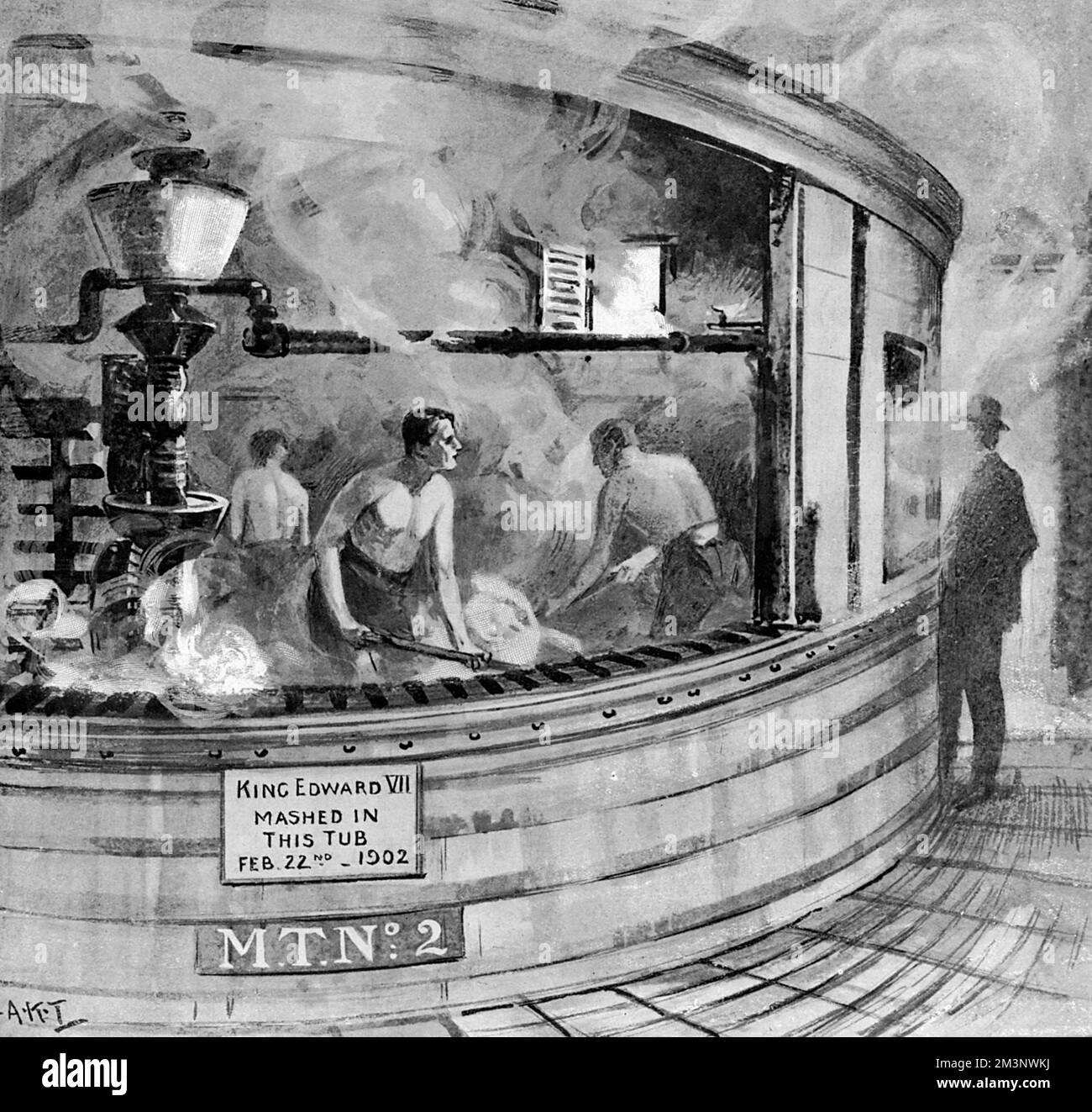 Ripulire la Mash-tub del Re Edoardo di grano esaurito presso la Bass's Brewery, Burton-on-Trent. Edoardo VII aveva visitato la Birreria nel febbraio 1902, tirando le leve che iniziarono una speciale mescolanza di 400 barili di birra extra forte, conosciuta come la 'Ale del Re' 1908 Foto Stock
