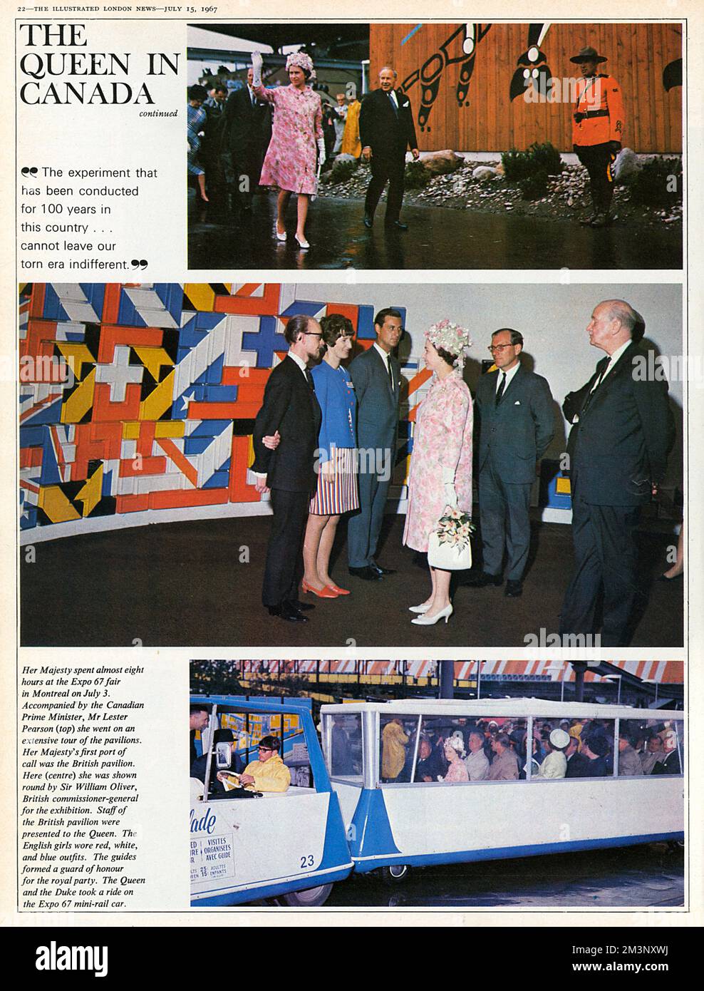 Durante il suo tour reale del Canada, la Regina, accompagnata dal primo ministro canadese, Lester Pearson, ha visitato la fiera Expo 67 a Montreal. Data: 1967 Foto Stock