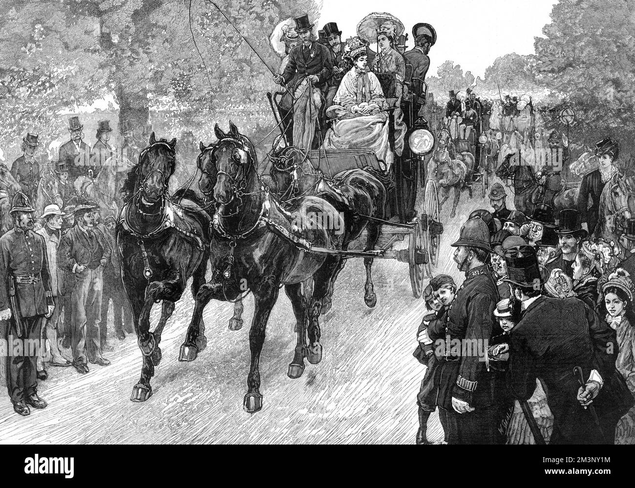 Il Four-in-Hand Club che, insieme al Coaching Club, si riuniva ad Hyde Park in pittoreschi pullman postali dell'era del 1840s, e viaggiava dal parco verso Ranelagh nel sud-ovest di Londra. Gli incontri sono stati uno degli spettacoli della stagione londinese, come testimoniano le folle riunite per guardare. Data: 1873 Foto Stock
