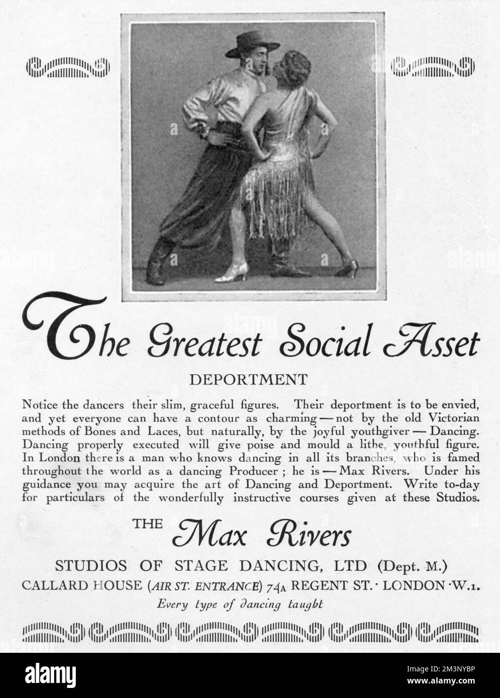 Pubblicità per i Max Rivers Studios di Stage Dancing, il modo per raggiungere un lithe e una figura aggraziata secondo la copia. Data: 1928 Foto Stock