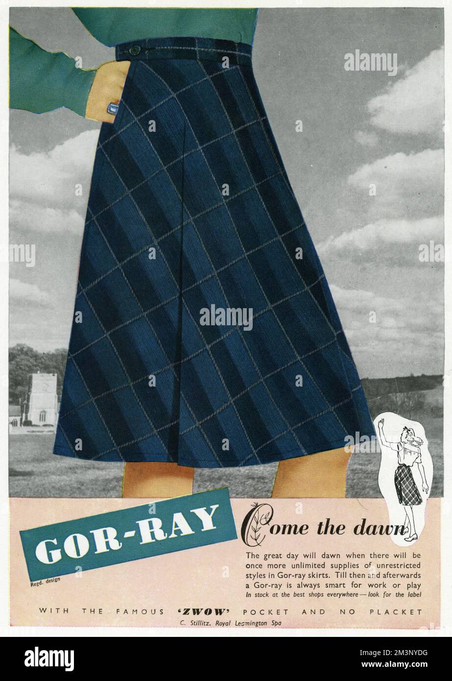 "Vieni all'alba". Il grande giorno sarà l'alba, quando ci saranno ancora una volta forniture illimitate di stili senza restrizioni in Gor-ray gonne. Fino ad allora e successivamente un Gor-ray è sempre intelligente per il lavoro o il gioco. Data: 1945 Foto Stock