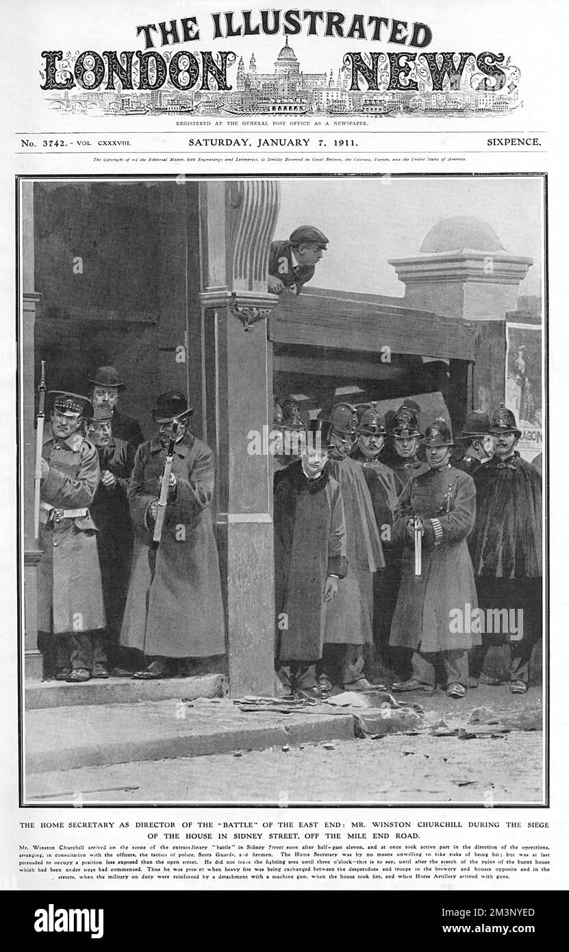 Winston Churchill in Sidney Street, East London, 1911 Foto Stock