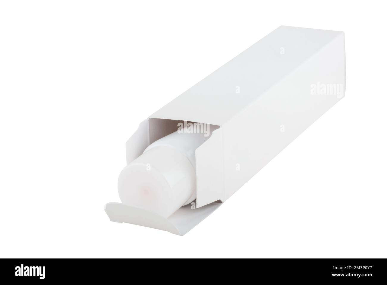 Confezione medica vuota e provetta isolata su sfondo bianco Foto Stock