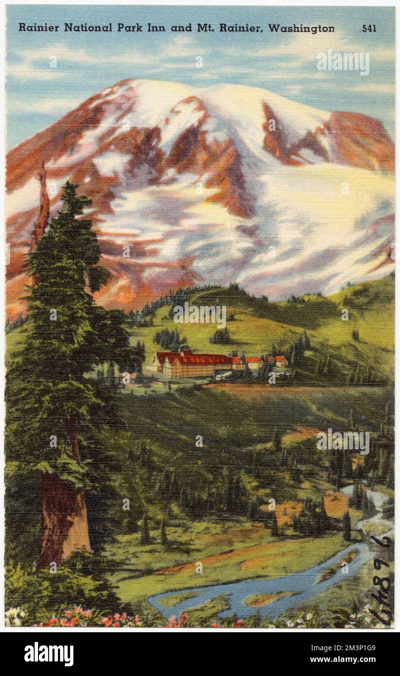 Rainier National Park Inn e Mt. Relier, Washington , Motel, Montagne, Parchi, Tichnor Brothers Collection, cartoline degli Stati Uniti Foto Stock