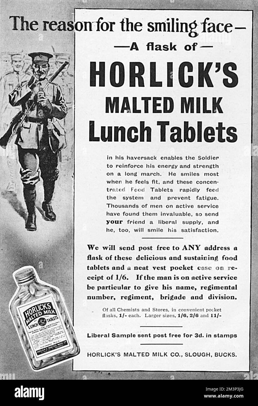 Pubblicità per Horlick's Malted Milk Lunch Tablets, solo la cosa per rafforzare l'energia e la forza di un soldato durante una lunga marcia. "Migliaia di uomini in servizio attivo li hanno trovati inestimabili, quindi manda al tuo amico un'offerta liberale...". Data: 1915 Foto Stock