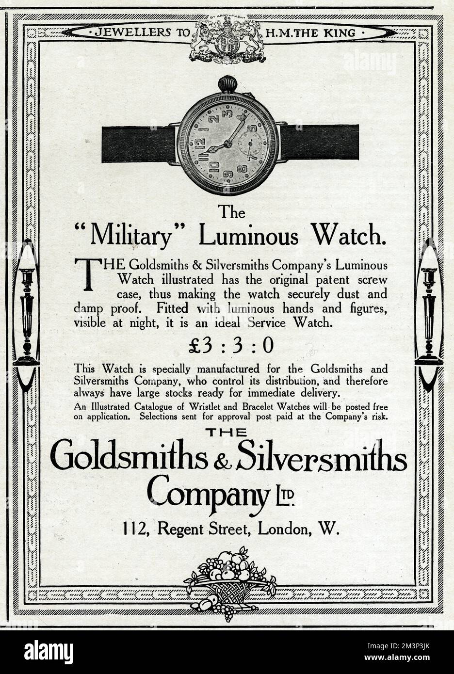 Pubblicità per la Goldsmiths &amp; Silversmiths Company Ltd, per il loro orologio luminoso 'military', con un originale astuccio a vite brevettata che lo rende sicuro da polvere e umidità e dotato di mani e figure luminose per una facile narrazione notturna - un orologio di servizio ideale. Data: 1915 Foto Stock
