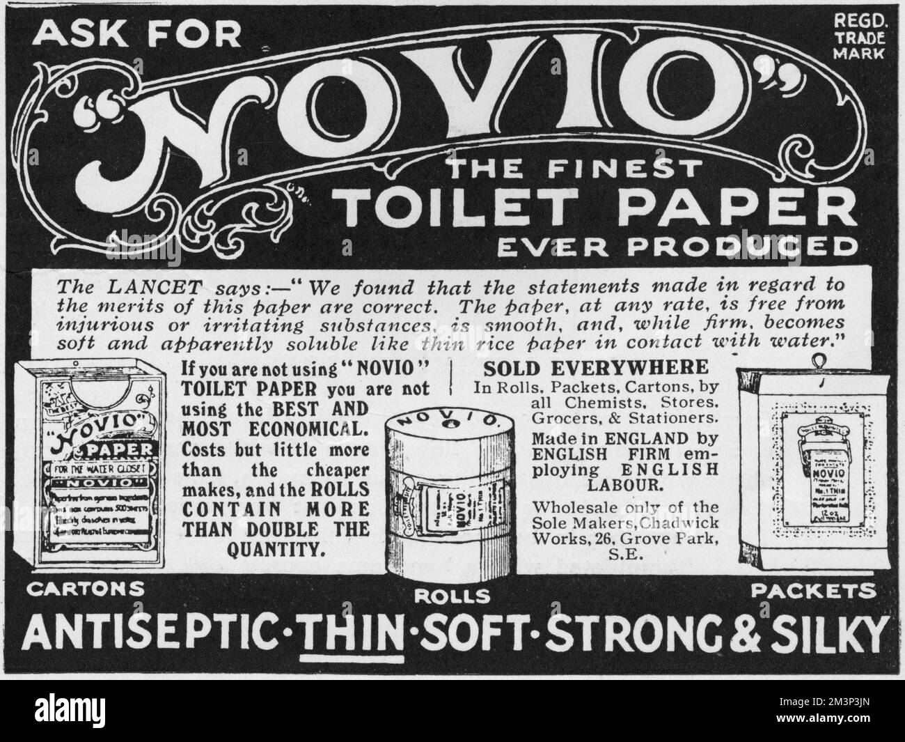 Pubblicità per Novio, la 'carta igienica migliore mai prodotta' - antisettica, sottile, morbida, resistente e setosa. Data: 1915 Foto Stock