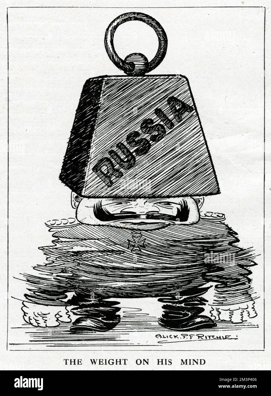 Cartoon, il peso della sua mente, che mostra Kaiser Wilhelm II schiacciato dal peso pesante della Russia in cima alla sua testa nei primi giorni della prima guerra mondiale. Data: Settembre 1914 Foto Stock
