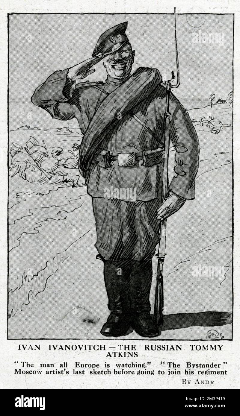 Ivan Ivanovitch, il russo Tommy Atkins all'inizio della prima guerra mondiale. Un soldato tipico russo sorride e saluta. Data: Agosto 1914 Foto Stock