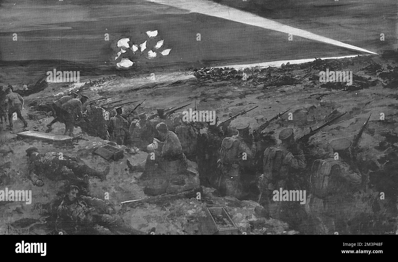 Notte sul campo di battaglia a Mons il 23 agosto. I proiettori tedeschi cercano il movimento sulle linee britanniche, per guidare il fuoco della loro artiglieria. Sullo sfondo oltre la trincea britannica si possono vedere morti tedeschi uomini e cavalli. 23 - 24 Agosto 1914 Foto Stock