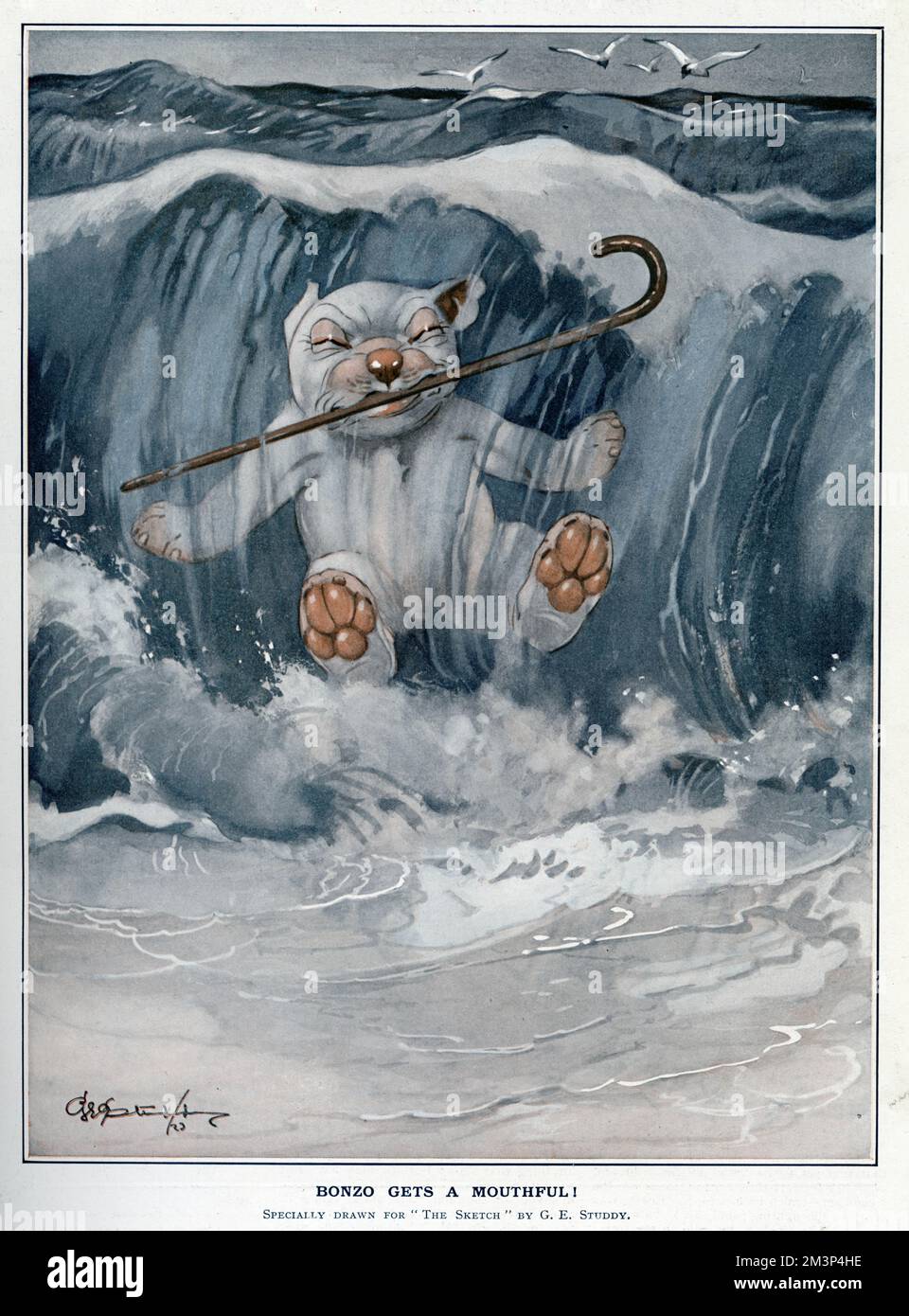 Bonzo ottiene un boccaglio di acqua di mare quando una grande onda lo supera. George Ernest Studdy (1878-1948), fu il creatore di 'Bonzo', un piccolo cane con occhi simili a piattini e allevamento indiscriminato che apparve per la prima volta nello Sketch nel 1922. La mania di Bonzo ha spazzato il mondo con cartoline, annuali, giocattoli e altri articoli. Il credito dovrebbe essere: Proprietà di George Studdy/Gresham Marketing Ltd./ILN/Mary Evans Data: 18 luglio 1923 Foto Stock