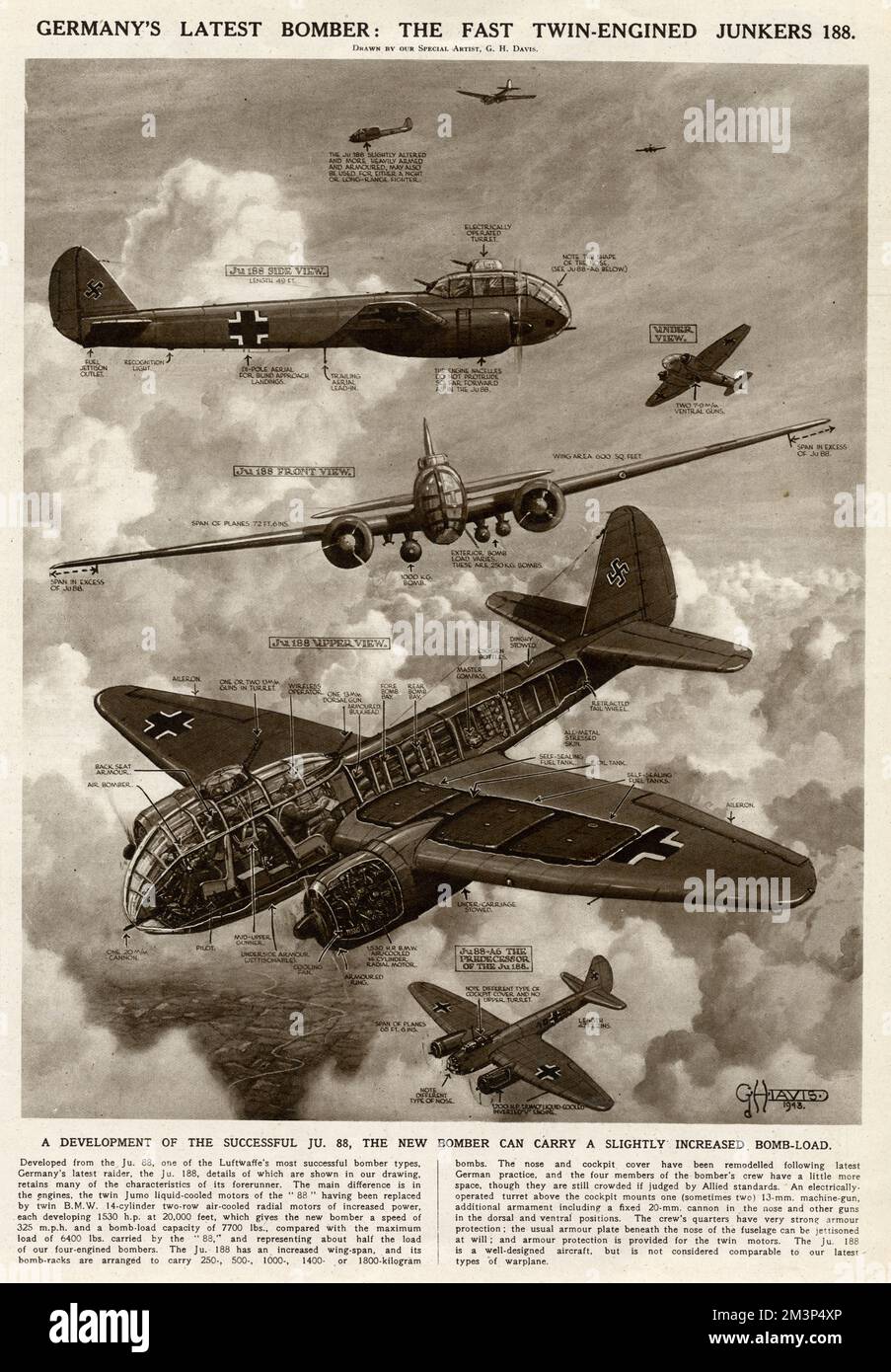 L'ultimo bombardiere della Germania durante la seconda guerra mondiale: Il veloce Junkers a doppia motore 188. Uno sviluppo del successo degli anni 'JU88, il nuovo bombardiere potrebbe portare un carico di bomba leggermente aumentato. Data: 1943 Foto Stock