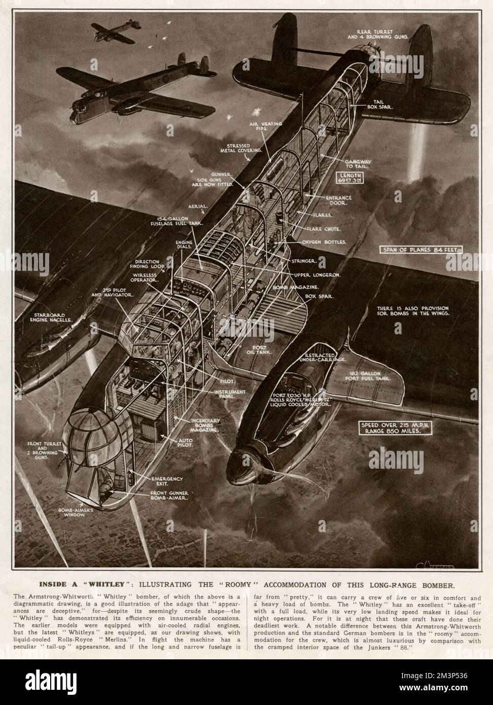 All'interno di un aeroplano Whitley, che illustra le spaziose sistemazioni di questo bombardiere a lungo raggio. Data: Circa 1941 Foto Stock