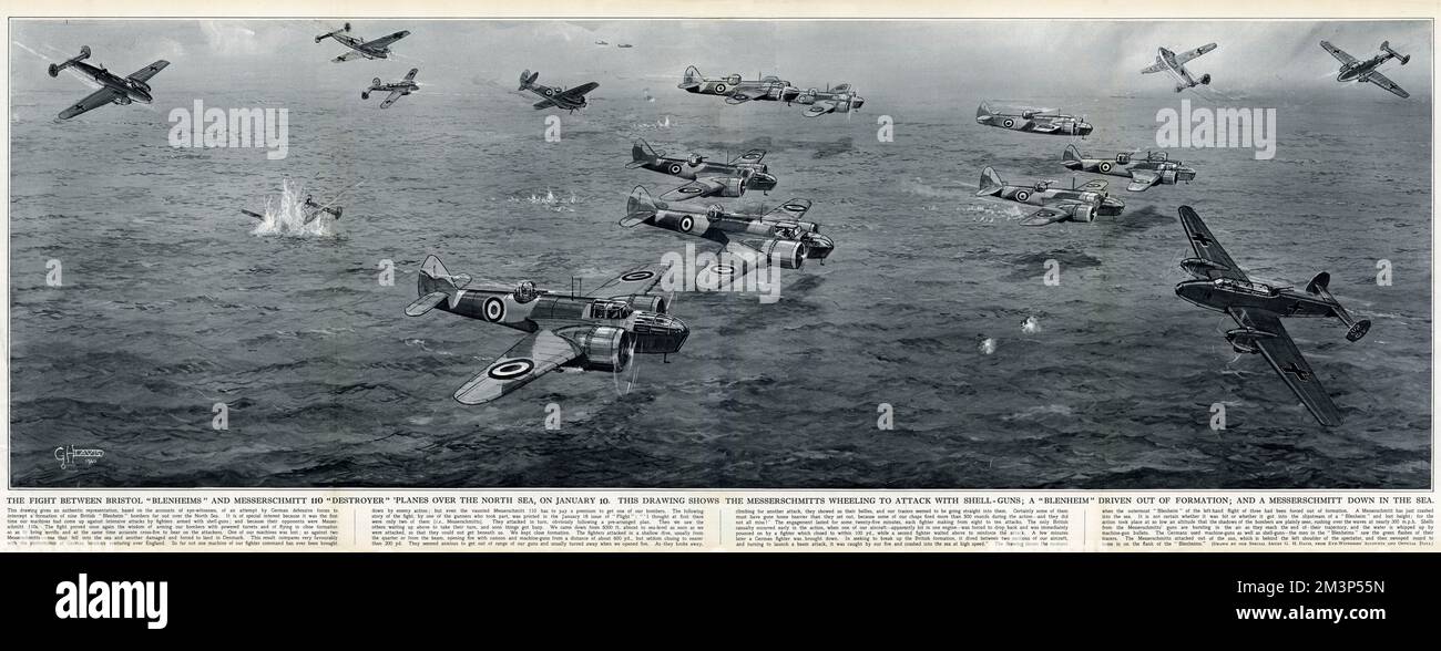 La lotta tra Bristol Blenheims e Messerschmitt 110 caccia aerei sul Mare del Nord durante la seconda guerra mondiale. Mostrando i Messerschmitt che si lanciano ad attaccare con le armi da fuoco, un Blenheim cacciato dalla formazione e un Messerschmitt giù nel mare. Data: 10 gennaio 1940 Foto Stock