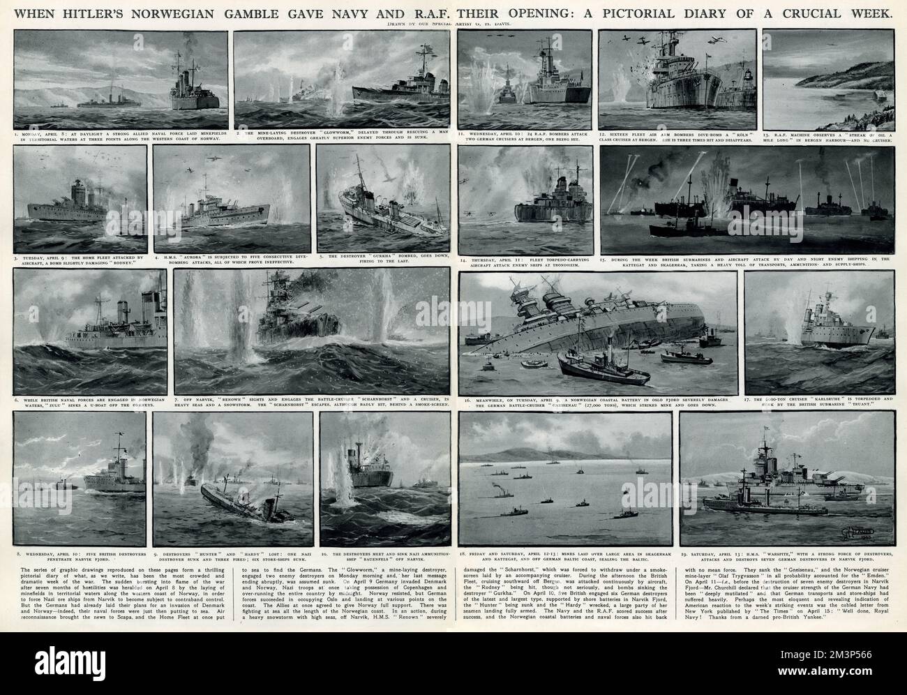 Quando la scommessa norvegese di Hitler diede alla Royal Navy e alla RAF la loro apertura: Un diario pittorico di una settimana cruciale. Le navi coinvolte su entrambi i lati includevano Glowworm, Rodney, Aurora, Gurkha, Zulu, Renown, Scharnhorst, Hunter, Hardy, Rauenfels, Gneisenau, Karlsruhe, Truant e Warspite. Data: 8-13 aprile 1940 Foto Stock