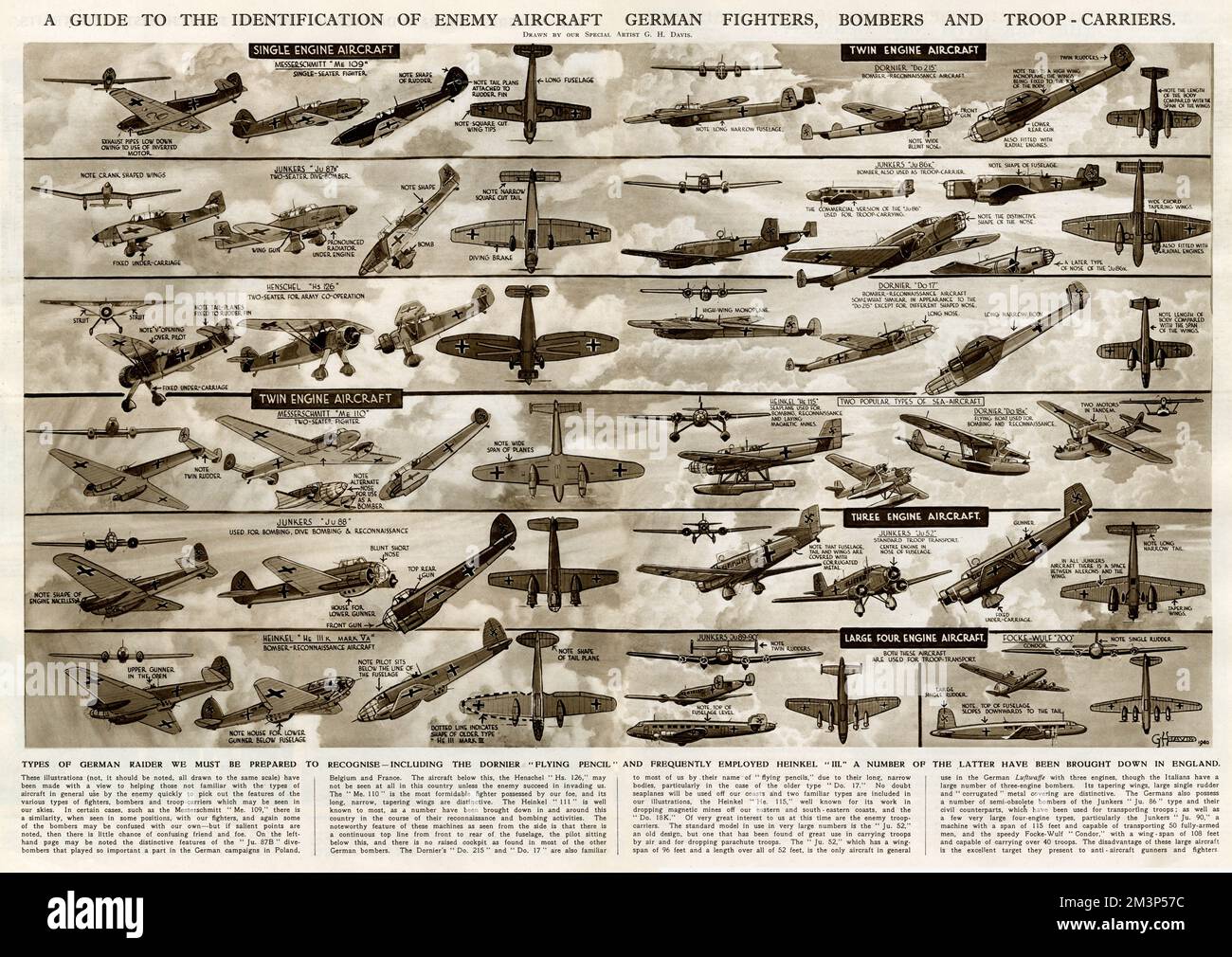 Una guida per l'identificazione di aerei nemici durante la seconda guerra mondiale: Combattenti tedeschi, bombardieri e portaerei da truppa. Tra cui la "matita volante" Dornier e Heinkel III. Data: 1940 Foto Stock